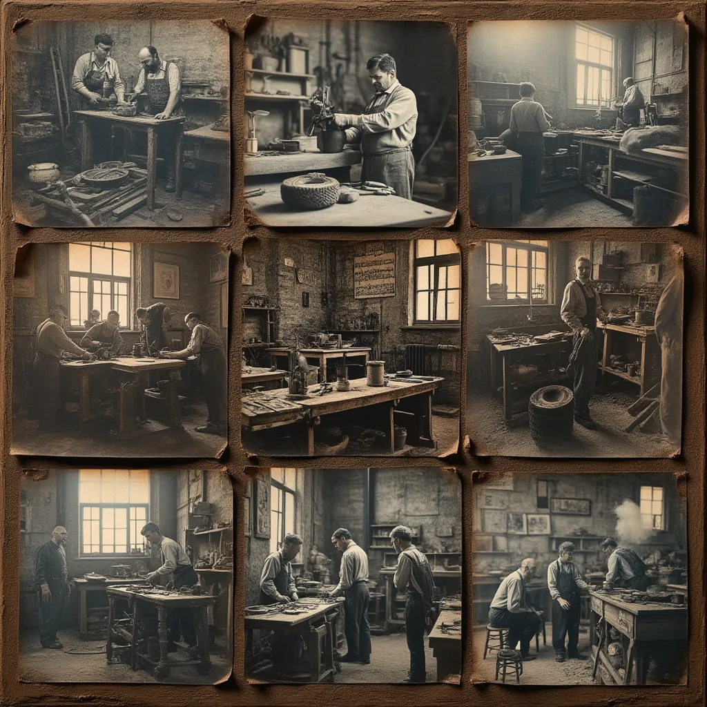 Коллаж из исторических фотографий мастерской и команды